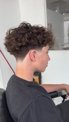 Curly Hair Male Haircut, Wavy Taper Fade, Male Perm Hairstyles, Perm Haircut Men, Perm Fade, Haircuts For Kids Boys, Boys Perm, Wavy Perm Men, Fade With Long Hair On Top