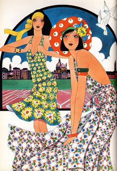 two women in bathing suits and sun hats