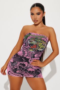 Available In Pink. Tiger Mesh Mini Dress Strapless Straight Neckline Ed Hardy Graphic Front And Back Screening Stretch Disclaimer: Due To The Printing Process A Difference In Saturation May Occur. Each Garment Is Unique. Shell 95% Polyester 5% Spandex Lining 100% Polyester Imported | Ed Hardy Tiger Mesh Mini Dress in Pink size 1X by Fashion Nova Ed Hardy Dress Outfit, Graffiti Dress, Ed Hardy Dress, Color Combinations For Clothes, Graphic Dress, Ed Hardy, Short Mini Dress, Pink Mini Dresses, Casual Street Style