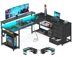 the computer desk has two monitors and a keyboard on it, along with other accessories