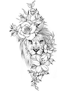 a black and white drawing of a lion with flowers on it's head, surrounded by roses