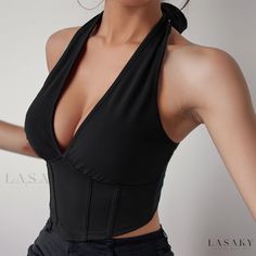 Lasaky - Seductive Midriff-Baring Halter Neck Top with Strappy Back-Exposing Design Halter Neck Crop Top, Backless Top, Strappy Top, Halter Strap, Halter Neck Top, Halter Crop Top, Jumpsuit Shorts Rompers, Sleeveless Crop Top, Cut Out Design