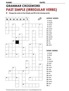 a crossword puzzle with the words past simple irregular verbs in red and black