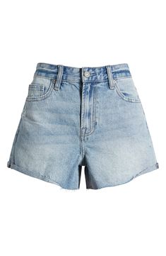 An A-line silhouette adds to the vintage vibe of nonstretch-denim shorts made with raw hems and hints of distressing. 3" inseam; 11" front rise Zip fly with button closure Five-pocket style 100% cotton Machine wash, tumble dry Imported Faded Jean Shorts With Frayed Hem And Relaxed Fit, Faded High Rise Relaxed Fit Jean Shorts, Faded Relaxed Fit Denim Jean Shorts, Faded Straight Leg Jean Shorts For Summer, Washed Cutoff Jean Shorts For Spring, Washed High-waisted Jean Shorts, Faded Cutoff Shorts With Relaxed Fit, Relaxed Fit Denim Cutoff Jean Shorts, Faded Cutoff Jean Shorts For Spring