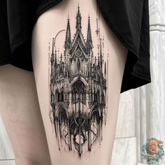 This dark feminine tattoo features a stunning gothic cathedral on the thigh, showcasing intricate architecture and fine line details. Perfect for those who love gothic tattoos and feminine tattoo sleeves. Visit inktat2.com for more unique tattoo designs. Palace Tattoo, Cathedral Tattoo, Dark Feminine Tattoos, Castle Tattoo, Black And Grey Tattoo, Fantasy Tattoos, Metal Tattoo, Gothic Tattoo, Dark Feminine