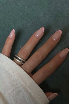 #nails #summernails Pink French Nails Short Almond, Fun Nail Ideas Almond Shape, Natural Acrylic Nails Round, Basic Vacation Nails, Basic Nail Inspo Summer, Elegant Nails Almond, Small Almond Nails, Light Pink French Tip, Hoco Nails