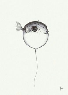 a black and white drawing of a fish with a balloon attached to it's head