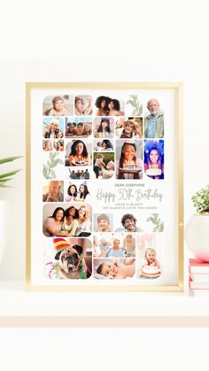 a family photo collage with the words happy birthday on it in gold frame next to a potted plant