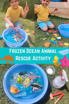 two children playing in an ocean animal rescue activity with toys on the ground and text overlay that reads frozen ocean animal rescue activity