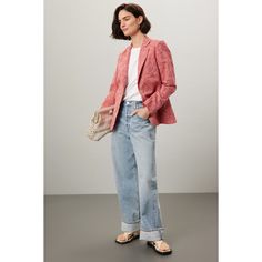 Pink (50% Cotton, 50% Linen). Jacket. Long sleeves. Front button closure. 25.5" from shoulder to hemline. Imported. Chic Cotton Spring Blazer, Spring Relaxed Fit Button-up Blazer, Casual Spring Blazer With Double Button Closure, Casual Spring Blazer With Button Cuffs, Chic Cotton Outerwear For Formal Occasions, Chic Relaxed Fit Blazer For Fall, Chic Cotton Blazer With Button Cuffs, Spring Casual Tailored Blazer, Spring Outerwear With Button Cuffs For Business Casual