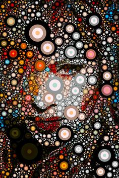 an abstract painting with circles and dots in the center, as well as a man's face