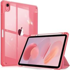 the pink ipad case is open and has an apple logo on it