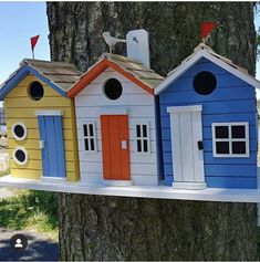 colorful bird houses are hanging on a tree in front of a house that is painted blue, yellow and red