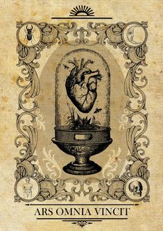 an old book cover with a drawing of a human heart in a glass dome