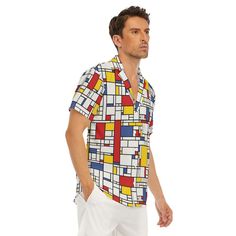 Mondrian Shirt, Retro Shirt Men, Geometric Shirt Men,60s Inspired Shirt, Men's Retro Top, Men's Dress Shirt, Vintage Style Top Men Handmade to order, Designed in California, Hand sewn overseas I designed this for those who loves the 60s style Classic Abstract Piet Mondrian Geometric pattern print.  It's got a cool geometric blue, red, yellow, black, and white geometric pattern print. Front button enclosure. Short Sleeves. Perfect for everyday wear, wear it for work, dress it up for a night out o Modern Multicolor Collared Shirt, Retro Summer Shirt With Spread Collar, White Shirt With Retro Print For Summer, White Retro Print Shirt For Summer, Summer White Shirt With Retro Print, White Collared Shirt With Geometric Pattern, Summer Collared Shirt With Geometric Pattern, Retro Shirt With Geometric Pattern For Summer, Retro Summer Shirt With Geometric Pattern