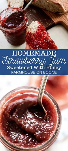 homemade strawberry jam in a glass jar with a spoon and bread on the side, text overlay reads homemade strawberry jam sweetened with honey farmhouse on bone