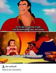 an image of the beauty and the beast cartoon with caption that reads, it's not right for woman to read