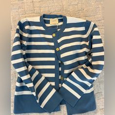 Nwt Striped Blue And White Structured Cardigan Jacket From Australia Blue Spring Cardigan For Work, Chic Blue Cardigan For Work, Blue Spring Work Cardigan, Tie Dye Crewneck Sweatshirts, Thick Cardigan, Black Turtleneck Sweater, Layered Sweater, Hoodie Cardigan, Open Knit Cardigan