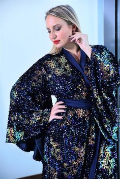 Plus size Sequin velvet robe Blue Party Dress With Kimono Sleeves, Elegant Maxi Length Robe For Party, Elegant Maxi Length Party Robe, Elegant Maxi Length Party Kimono, Luxury Long Sleeve Evening Kimono, Dress With Wide Sleeves, Sequin Wrap Dress, Copper Dress, Bath Routine