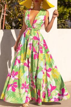 Floral Print Sleeveless Deep V Neck Lace Up Vacation Maxi Dress Summer Sleeveless Lined Maxi Dress, Green Floral Print Sleeveless Dress For Party, Sleeveless Lined Maxi Dress For Vacation, Tropical Green V-neck Sundress, Sleeveless Tropical Party Dress, Green Sleeveless Lined Maxi Dress, Sleeveless Tropical Style Party Dresses, Green Lined Sleeveless Summer Dress, Green Lined Sleeveless Dress For Summer