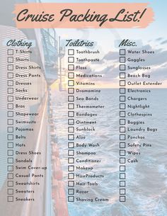 the cruise packing list is shown on top of a ship with water and clouds in the background