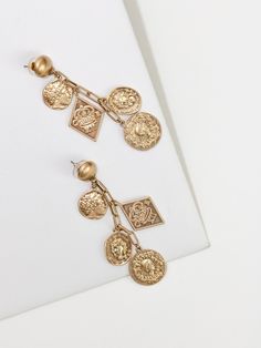 Gaia Coin Earrings Metal Dangle Coin Pendant Jewelry, Gold Metal Chandelier Earrings With Dangling Charms, Gold Dangle Jewelry With Antique Finish, Gold Dangle Earrings With Vintage Charm, Hope Necklace, Coin Design, Coin Collection, Coin Earrings, Gold Bullion