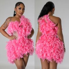 Brand New Pink One Shoulder Club Dress, Pink One-shoulder Club Dress, Glamorous Club Dresses For Spring, Dresses With Feathers, Birthday Dress Women, Cute Birthday Outfits, Feather Trim, Birthday Outfits, Birthday Dress