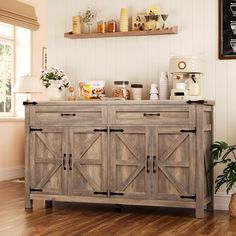 a wooden cabinet with lots of food on top of it