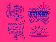 the sunset club logo is shown in blue and pink colors on a bright pink background