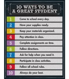 a sign with the words 10 ways to be a great student on it's side