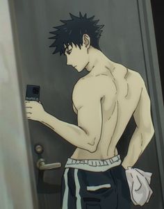 an anime character holding a cell phone in his right hand and looking at the screen