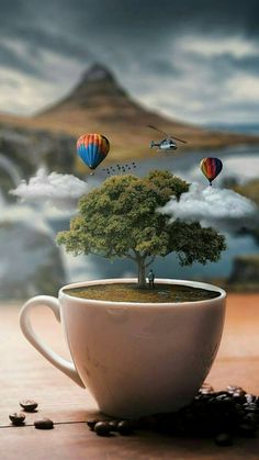 a coffee cup with a tree in the middle and hot air balloons flying over it