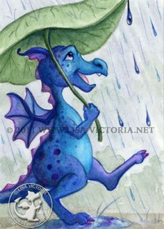 a blue dragon holding an umbrella in the rain