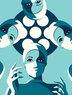 an illustration of three women with circles on their heads and hands in front of them