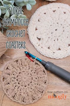 crochet coasters with text that reads floral farmhousee crochet coasters