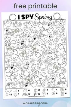 the free printable i spy spring coloring page for kids to color and practice numbers