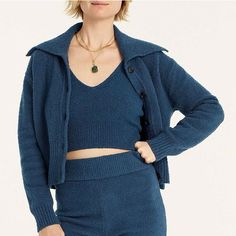 J Crew NWT $128 Collared Cotton Bouclé Cardigan Sweater in Blue | Sz 2X Color: Deep Midnight Product Details This one's for all the warm and fuzzies... Our new cotton-blend bouclé is soft, stretchy and, of course, fuzzy. Here, we crafted it into a retro collared cardigan. And because some things are just better together, we made a matching tank and shorts for a new take on the sweater set. Plus, it was made at a Fair Trade Certified™ factory that provides additional income and better conditions Winter Sweater With Buttons For Loungewear, Winter Loungewear Button-up Cardigan, Fitted Cozy Blue Outerwear, Fitted Blue Cozy Outerwear, Blue Fitted Warm Outerwear, Cozy Blue Fitted Outerwear, Blue Winter Cardigan For Loungewear, Fitted Soft Knit Outerwear For Loungewear, Fitted Winter Outerwear For Loungewear