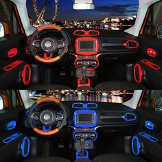 the interior of a car with red and blue trims, including steering wheel controls