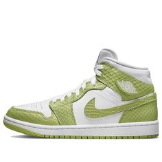 Experience innovation and style with the Air Jordan 1 Mid SE 'Green Python'. Boasting a two-tone colorway, this unique sneaker is dominated by its titular green python shade, feating snake-like scales across the collars, forefoot, heel overlays and Swooshes. White leather on the base contrasts the green hue, appearing Jordan 1 Mid Olive Toe, Green And White Air Jordans, White And Green Jordans, Green Leather Mid-top Jordan Shoes, Jordan 1 Mid Green, Green High-top Synthetic Jordan Shoes, Gs Logo, Vapour Max Nike, Nike Sacai