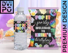 a bottle of water next to a birthday sign