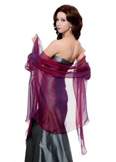 100% silk stole wrap with sleeves made with finest iridescent chiffon of fuchsia - purple color. Great accessories for elegant evening dress ------------------------------------------------------------ Please measure your arms and bust before to order: Fits sizes S - XL BUST: 32 - 40 inches / 83-102 cm UPPER ARMS: 11-13 inches / 28 - 33 cm WRISTS: 8 - 10 inches / 20 - 25 cm ----------------------------------------------------------- NB:The sleeves of this stole are made just to hold this wrap on Elegant Purple Silk Scarf For Wedding, Elegant Purple Silk Scarf, Formal Purple Silk Scarves, Formal Purple Silk Scarf, Purple Silk Scarves For Formal Occasions, Silk Shawl Scarf For Party, Silk Dupatta For Evening, Elegant Sheer Silk Chiffon Dupatta, Elegant Evening Shawl Dupatta