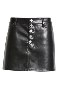 Glossy faux leather gives a glam and modern look to this miniskirt that's ready to party. 14" length Front button closure Five-pocket style Lined 100% polyester with 100% polyurethane coating Dry clean Imported Edgy Mini Skirt With Pockets For Party, Edgy Mini Skirt With Pockets For Night Out, Trendy Party Skirt With Button Closure, Edgy Party Mini Skirt With Pockets, Chic High Waist Mini Skirt With Button Zip Fly, Fall Mini Skirt With Button Closure For Night Out, Chic Party Mini Skirt With Buttons, Trendy Mini Skirt With Snap Buttons, Faux Leather Skirt With Pockets For Night Out