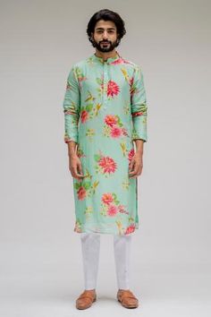 Shop for Chrkha Blue Chanderi Silk Kurta Set for Men Online at Aza Fashions Silk Kurta Set, Kurta Set For Men, Men's Ethnic Wear, Rohit Bal, Silk Kurta, Men Photography, Tarun Tahiliani, Satin Pants, Ethnic Design