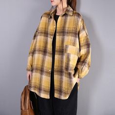 Brushed Long Sleeve Plaid Shirt 2019 New December One Size Yellow Casual Yellow Cotton Flannel Shirt, Cheap Oversized Plaid Blouse, Orange And Black Plaid Shirts, Oversized Plaid Cotton Flannel Shirt, Plaid Long-sleeve Top With Button Closure, Men Plus Size, Long Sleeve Plaid Shirt, Denim And Lace, Long Sleeve Plaid