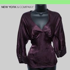 Eva Jeanbart-Lorenzotti For Ny & Co *Deep Purple Satin *3/4 Length Sleeve Top With High-Quality Sequin Detail At Cuffs. *Back-Tie Sash And V-Neck. *Nwot *Length: 25”/ Bust: 36”/ Sleeves:18” *100% Polyester Elegant Stretch Embellished Blouse, Stretch V-neck Embellished Tops, Stretch Embellished V-neck Tops, Embellished Stretch V-neck Tops, Stretch Tops For Holiday Evenings, Holiday Evening Stretch Tops, Spaghetti Strap Blouses, Navy Blue Tank Top, Tassel Top