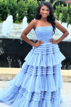 Sky Blue Strapless A-Line Tiered Tulle Prom Dress with Slit Wedding Dress Petticoat, Prom Dress Strapless, Long Party Dress, Best Prom Dresses, Evening Dresses Cocktail, Mothers Dresses, Tulle Prom Dress, Party Dress Long, Prom Dresses Long