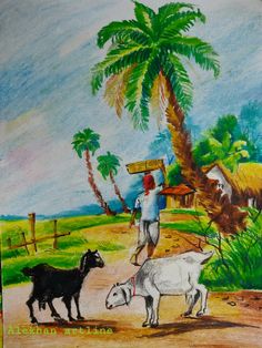 a painting of some animals and people on a dirt road with palm trees in the background