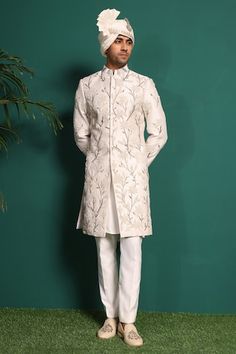 Ivory, white full sleeve sherwani with bead, cutdana embellishment in floral pattern. Paired with kurta and pant. - Aza Fashions Fitted White Nehru Jacket With Mirror Work, Festive White Nehru Jacket With Mirror Work, Designer White Sherwani With Mirror Work, White Sherwani With Mirror Work For Eid, Formal White Kurta With Mirror Work, Designer White Bandhgala With Mirror Work, Elegant White Bandhgala With Mirror Work, Traditional White Nehru Jacket With Mirror Work, White Bandhgala With Mirror Work For Eid