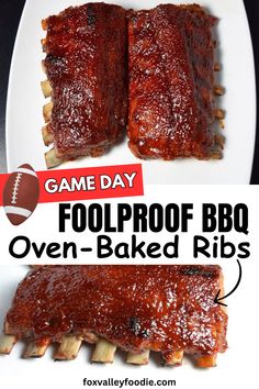 bbq oven baked ribs on a white plate with the title game day fool proof bbq oven baked ribs