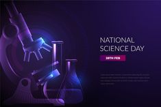 the national science day banner with microscope and flasks on dark purple background illustration